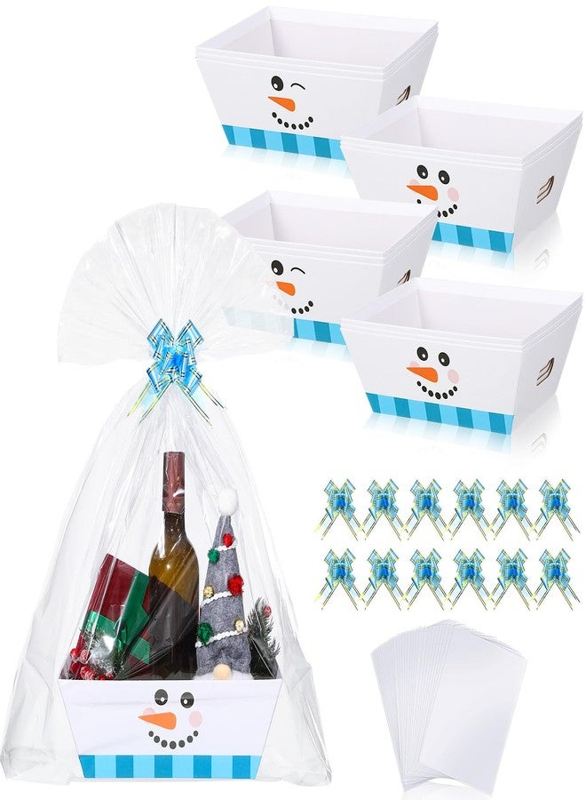 Cholemy 12 Pack 12 x 10 x 4 Inch Christmas Empty Gift Basket Kit Bulk, Includes 12 Snowman Face Cardboard Baskets, 12 Plastic Bags and 12 Bows, Large Xmas Gifts Baskets with Handles for Holiday - Image 1